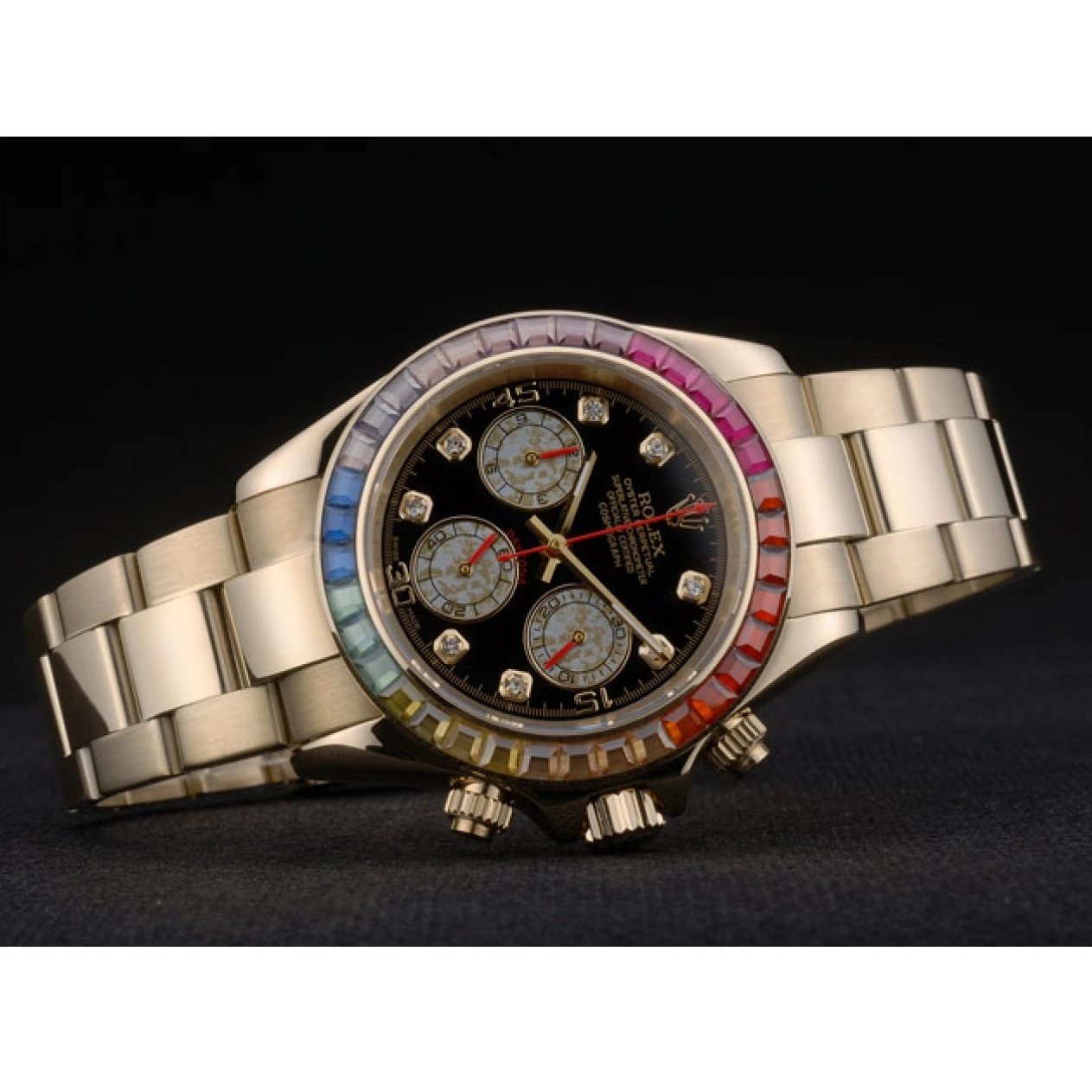 MiroTime 0816 Rolex Daytona Cosmograph Rainbow Crystals Bezel Rose Gold Strap Black Dial 80251